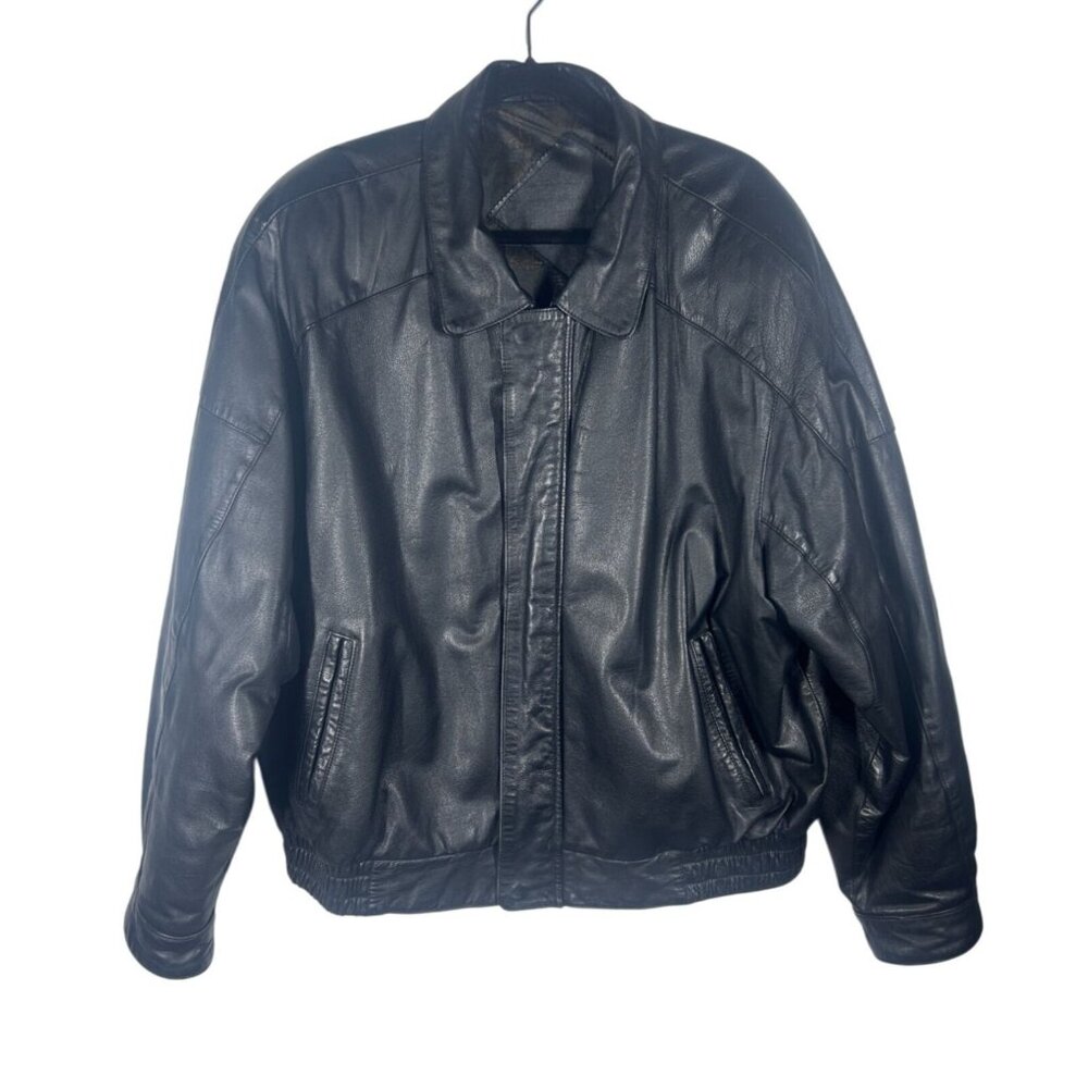 Mens Black Leather Jacket XL Genuine Leather Outer Polyester‎ Lining Elastic Hem